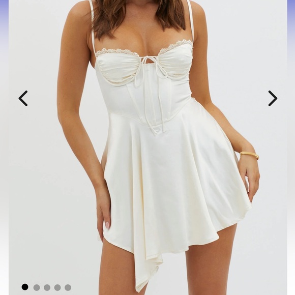 Selfie Leslie Dresses & Skirts - Selfie Leslie Fortune Lace Trim Asymmetrical Hem Dress Champagne
